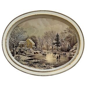 Vintage Currier and Ives ‘Skating Early Winter’ Print Metal Serving Tray USA